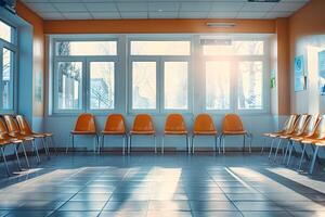 Many chairs in a room with a window and a tiled floor photo