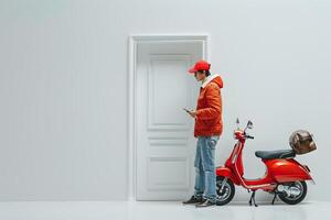 Man in orange jacket standing next to red scooter photo