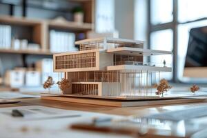 A close up of a model of a building on a desk photo