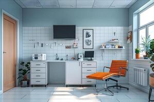 A chair in a room with a tv on the wall photo