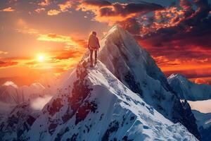 A man standing on top of a mountain with a sunset in the background photo