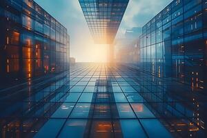 A close up of a building with a sky background and a sun in the middle photo
