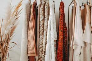 A close up of a rack of clothes with a plant in the background photo