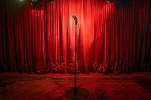 Microphone stand in front of red curtain with lights photo