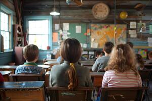 Several children in classroom with hanging clock photo