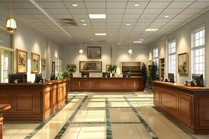 A large lobby with a check - in desk and a large window photo