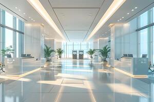 View of a modern office lobby with a large window photo