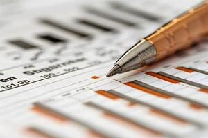 A pen resting on a finance document displaying a chart photo