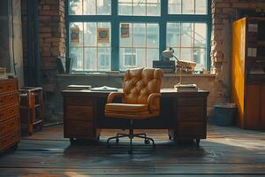A desk with a chair and a bookcase in a room photo