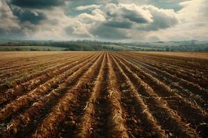 Plowed field under cloudy sky photo