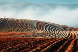 Field with a rainbow-colored grass and tree wave photo