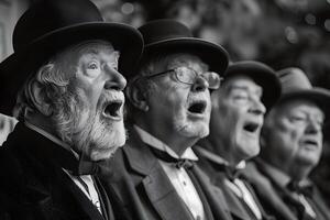 Group of men in hats singing in line photo