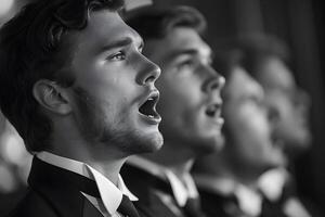 Man in a suit singing with other men in the background photo
