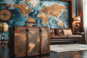 A suitcase on a table in front of a map photo