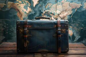 A suitcase on table with world map in background photo