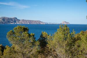 A panoramic coastal view with lush greenery in the foreground and a mountain range across the blue sea under a clear sky. photo