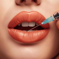 A close-up portrays the precise moment of a lip filler procedure, where a syringe administers a subtle enhancement to luscious coral lips, cosmetic beauty. photo