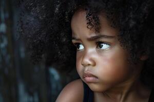 Intense eyes and a cascade of curls frame the pensive face of a young child, absorbed in a moment of quiet reflection, an expression of anger. photo