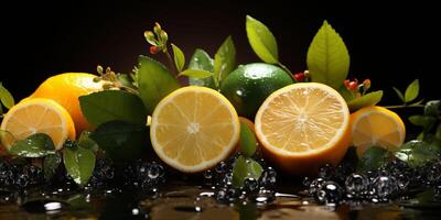 Citrus assortment. Bruit background of citrus fruits oranges, limes and lemons on black background. Copy space photo