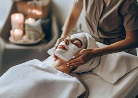 Spa treatment massaging the face of a patient wearing a mask in a beauty clinic photo