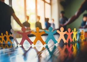 Paper Chain Man holding hands, at a bright and clean office desk, suitable for relationships and teamwork photo