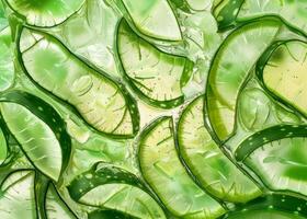 Fresh aloe vera slices soaked in aloe vera gel texture, suitable as a cosmetic background photo