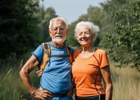 Elderly couples hiking and traveling, suitable for health and productivity in old age photo