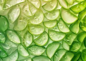 Fresh aloe vera slices soaked in aloe vera gel texture, suitable as a cosmetic background photo