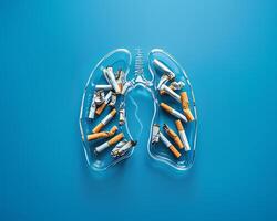 Lung-shaped glass cigarette ashtray containing cigarette butts, suitable for health education photo