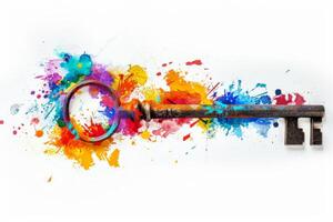 Old key covered in colorful paint splashes symbolizing creativity photo