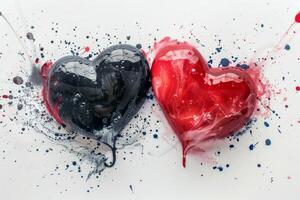 Red and black paint splashes forming heart shape on white background photo