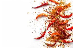 Scattered hot chili peppers with vibrant spices on a white background photo