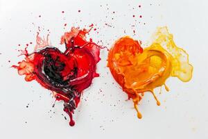 Two vibrant paint splattered hearts blending on white background photo