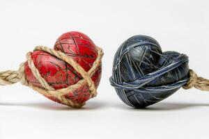 Two hearts wrapped in rope on white background photo