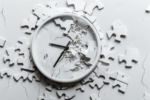 Broken puzzle clock on white cracked background concept of lost time photo