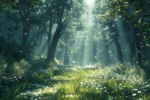 Sunlight filtering through woodland foliage with green grass and wildflowers photo