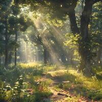 Sunlight filtering through forest trees beside a trail photo
