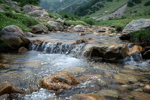 un corriente de agua fluido mediante un rocoso montaña Valle foto