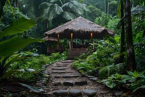 A small hut surrounded by dense forest photo