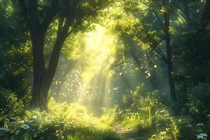 Sunlit path in forest with trees and foliage photo