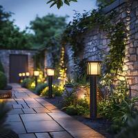 A close up of a pathway with a stone wall and a row of lights photo