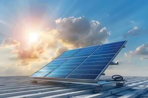 A solar panel on a roof with sunlight shining behind it photo