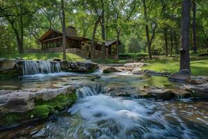 A stream flowing in a dense green forest photo