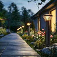 A path illuminated by lights next to a building photo