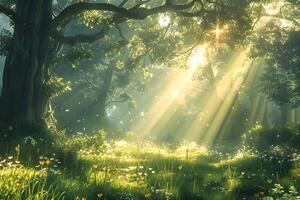 Sunlight filters through trees in the woods with wildflowers photo
