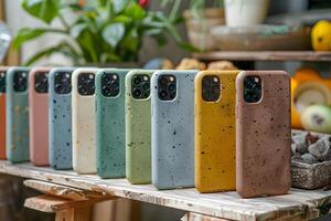 A close up of a row of colorful iphone cases on a table photo
