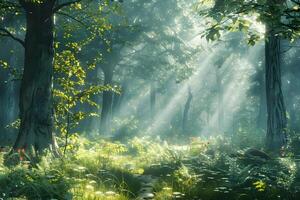 Sunlight shining through the trees in a forest with flowers photo
