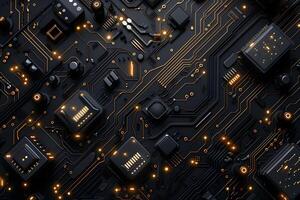 Close up of computer circuit board with various electronic components photo