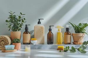 Many types of soaps and bottles on a counter photo