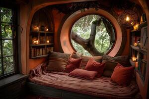Bed with pillows and cushions in a room with a tree by the window photo